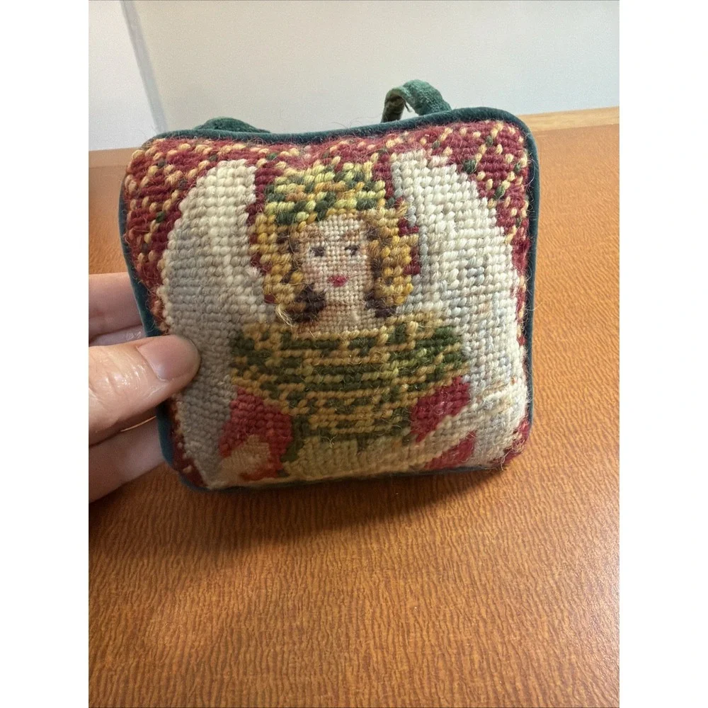 Vtg Needlepoint Angel Pillow Christmas Red Green Velvet Back 5